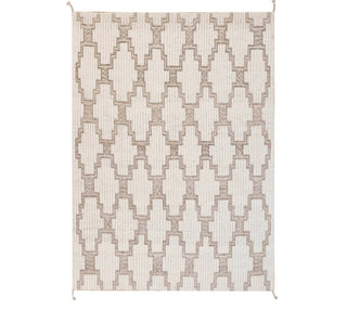 Geometric Lattice Ivory & Beige Wool Rug – Handwoven Modern Kilim Carpet with Corner Tassels
