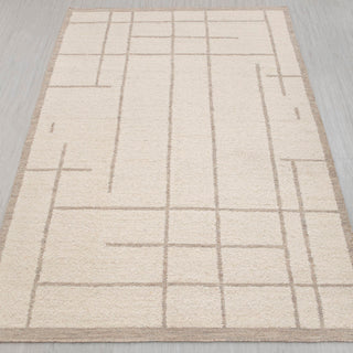 Ivory Geometric Handwoven Wool Rug – Modern Grid Pattern Carpet