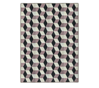 Modern Geometric Cube Pattern Rug in Black, Ivory & Mauve – Abaca Carpets