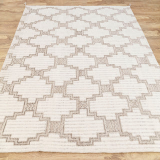 Geometric Lattice Ivory & Beige Wool Rug – Handwoven Modern Kilim Carpet with Corner Tassels