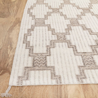 Geometric Lattice Ivory & Beige Wool Rug – Handwoven Modern Kilim Carpet with Corner Tassels