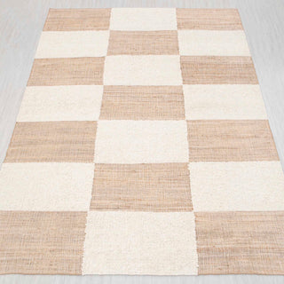 Beige Checkered Handwoven Wool Rug – Modern Minimal Carpet