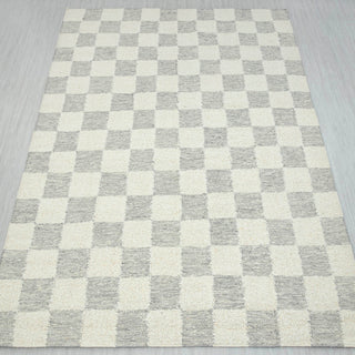 Modern Minimalist Checkerboard Wool Rug – Handwoven Cream & Grey Checkered Area Carpet