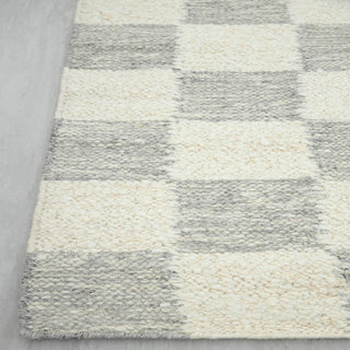 Modern Minimalist Checkerboard Wool Rug – Handwoven Cream & Grey Checkered Area Carpet